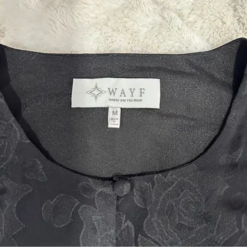 WAYF Size M Black Floral Jacquard Elegant Silky Cropped Classic Wrap Top Date