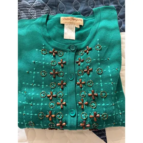 Norm Thompson Turquoise Floral Embroidered Button Down Cardigan XL Green