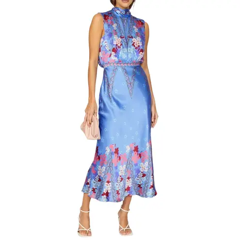 Saloni Sakura Falls Fleur Midi Dress in Blue Multi, Size US 4