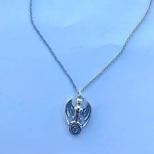 Handmade Antique Vintage Gothic Silver Necklace - Bat necklace - Cat demon with wings