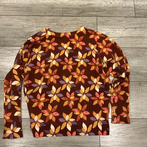 Garnet Hill 100% Cashmere Floral V Neck Sweater Top XS Autumn Colors