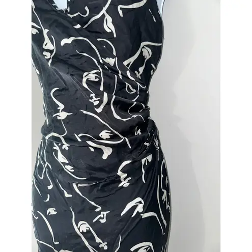 En Saison Black White Faces Print Maxi Dress Sleeveless Satin Slit Size S