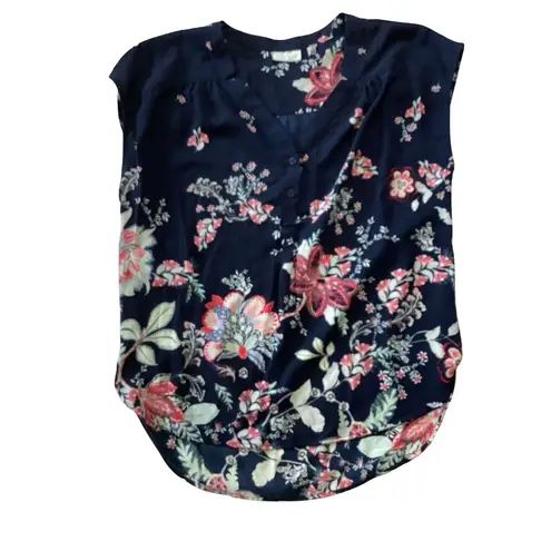 NY & Co Navy Coral Floral Cap Sleeve Blouse Blue Size L