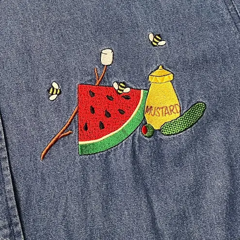 Vintage Denim Shirt Button Down Embroidered Picnic Summer Grilling L Large XL Blue