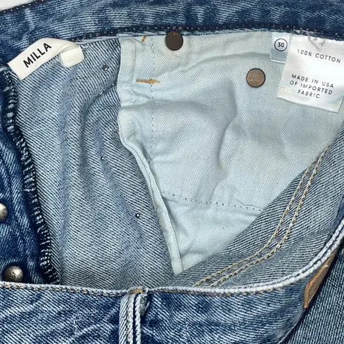 Milla Embellished Crystal & Pearls Raw Hem Frayed Mini Denim Skirt Jean Skirt in Solstice Blue Size M