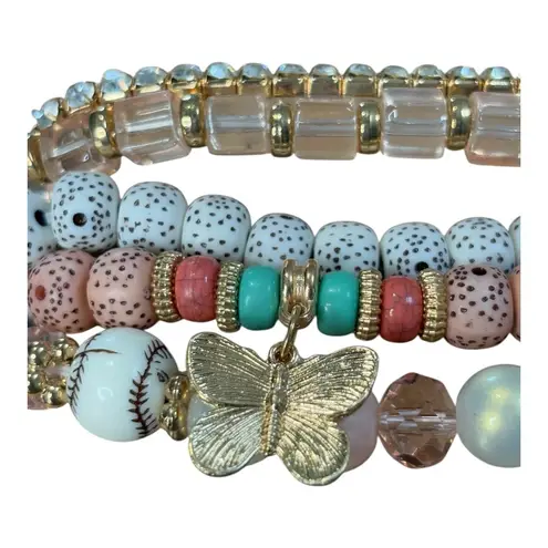 Beaded Bracelet Set with Butterfly Charm Multi Strand Pink Neutral New Gold