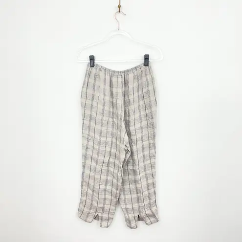 Flax Neutral Tan Plaid Linen Crop Pants