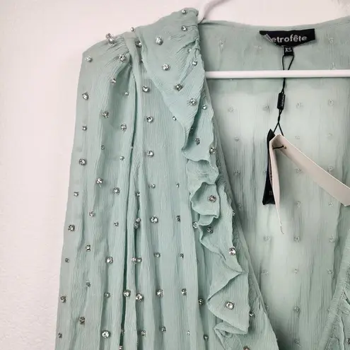 Retrofête Retrofete Lennon Embellished Silk Chiffon Dress in Green Size XS NWT Long Sleeve