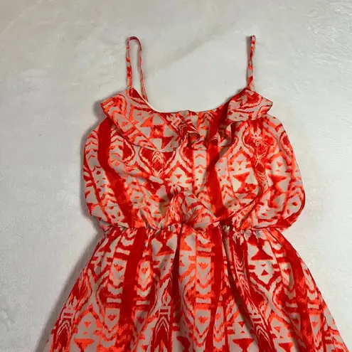 Women's Sleeveless Ruffle Trim Aztec Print Maxi Dress Size XS Summer Vacation Orange