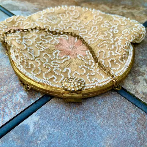 Vintage Beaded Embroidered Satin Evening Purse with Unique Floral Design