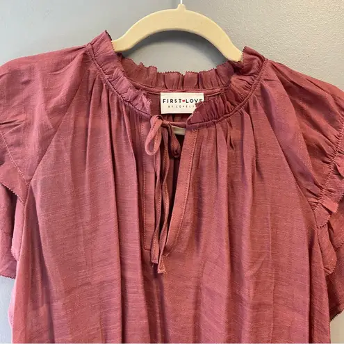 First Love Blouse Ruffle Neck & Cap Sleeve Pink Tie Keyhole Top 3X NWOT