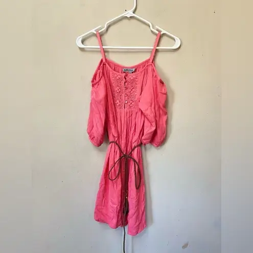 Bailey blue Pink Cold Shoulder Boho Mini Dress Belted Puff Sleeve S