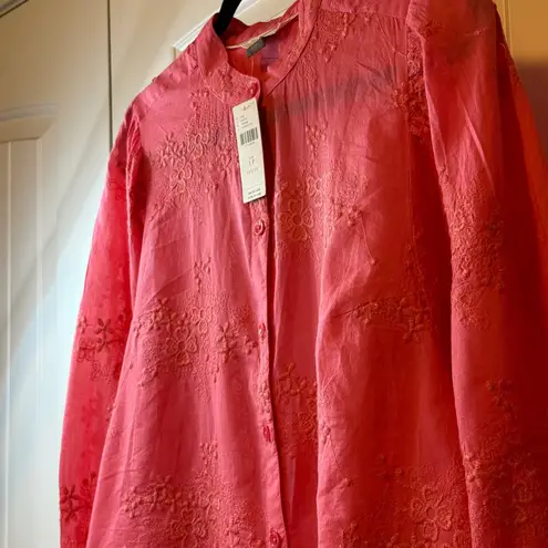 Anthropologie NWT Pilcro Embroidered Button Down Blouse Coral Petite LP Career # Pink Size undefined