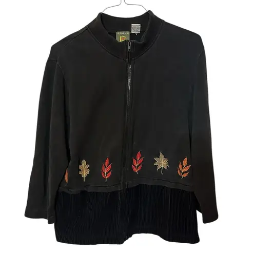VTG 90s Y2K Onque Black Full Zip Jacket Embroidered Cabin & Fall Leaves Sz Large