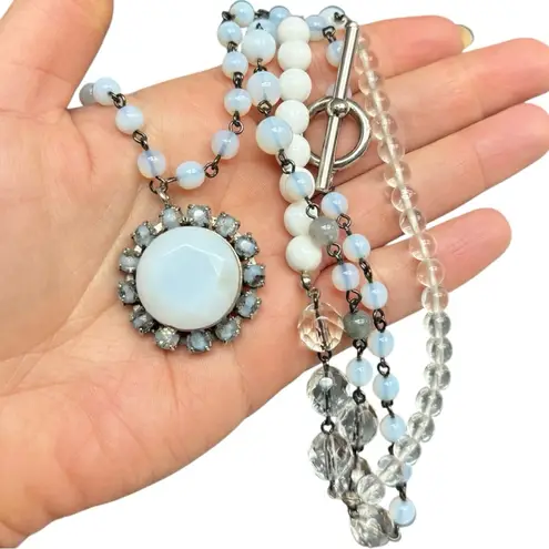 Faceted Opalite & Crystal Boho Bead Necklace with Pendant 18” Toggle Clasp Silver