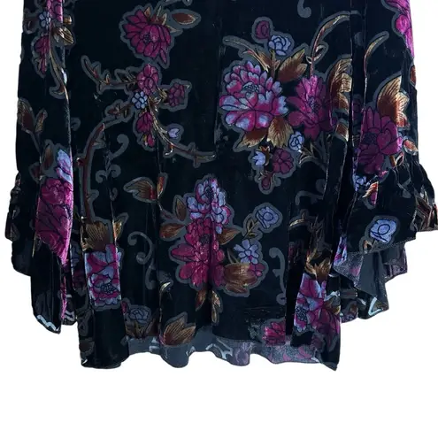 W5 Women's Sz L Floral Flare Sleeve Velvet Velour Semi Sheer Blouse Boho Hippy
