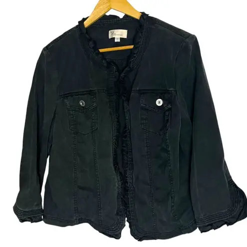 She Wears The Pants Womens L Ruffled Edge Denim Shirt Jacket Black Gray Grunge Size L