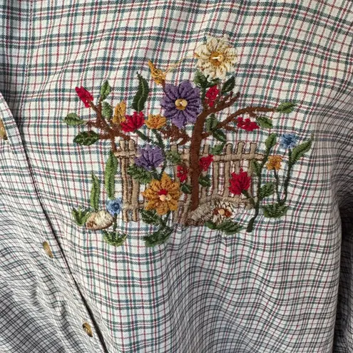 Vintage Embroidered beaded Plaid Shirt 18W – Squirrel Garden Scene Cotton Top Blue