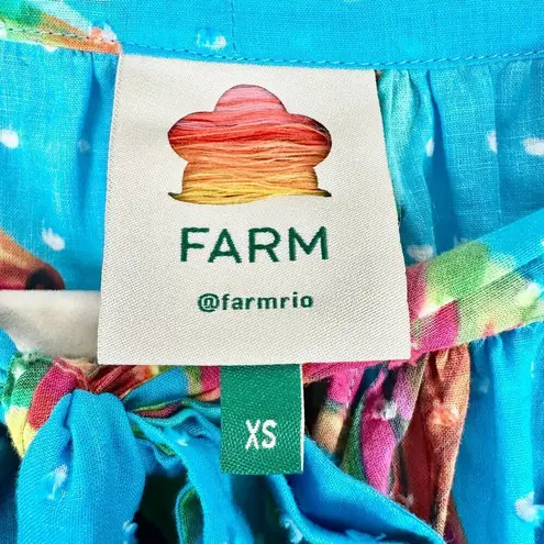 Farm Rio  Banana Sky Blouse Size XS NWT Tie Neck Swiss Dot Cotton Balloon Sleeve