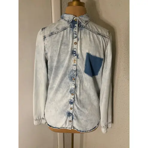 Zara Trafaluc Light Shaded Acid Wash Long Sleeve Shirt L 80s Country Rocker Blue Size L