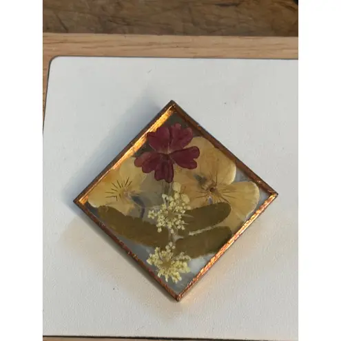 Pressed Flower Brooch Square Copper Frame Signed Tobin Red
