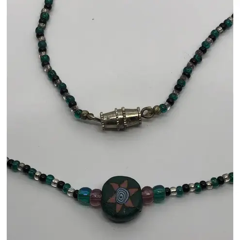 Hippie Boho Beaded Necklace Celestial, Bohemian Sun, Blue Silver Black Beads 16"