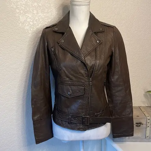 REZREKSHN BY ESTHER CHEN Moto Leather Jacket Coat Outerwear Brown Zip Up XS