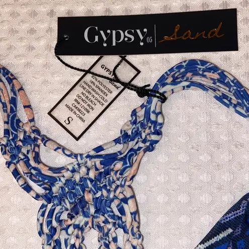 Gypsy 05 NEW! SAND Bikini Size Small Crochet Racerback Top Blue Multi Tile Print