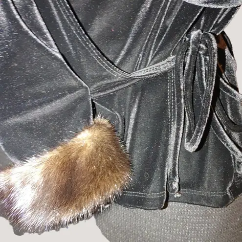 Chetta B Black Velvet Blouse Jacket Top NYC Real Mink Fur Cuff Crossover