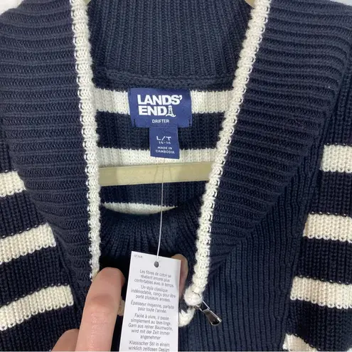 Lands End Navy Cream Stripe Quarter Zip Up Fisherman Sweater Large Tall NWT prep Blue
