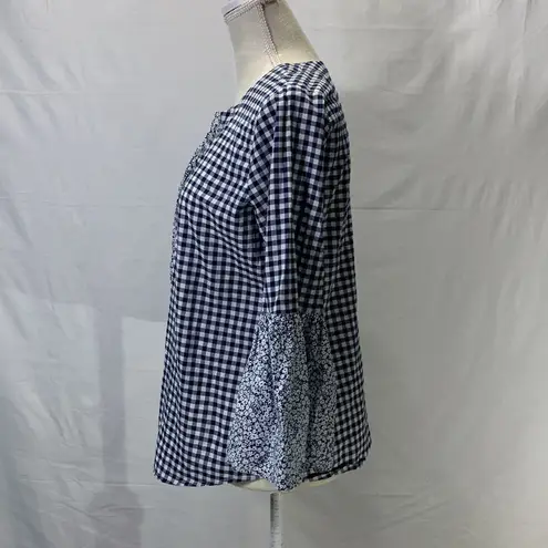 st. john's bay St. John’s Bay Gingham Print and Floral Navy Blue and White Peasant Top Size S