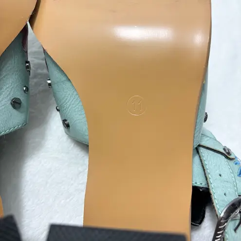 Boho Embroidered Booties Blue Vegan Chunky Block Heel Buckle Slingback Boots 11