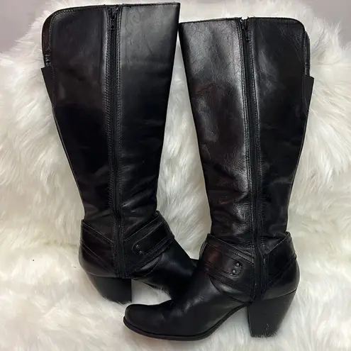 BOC Y2K Black Chunky Block Heel Saddle Belt Leather Tall Boots Size 7 Bin 21 Black