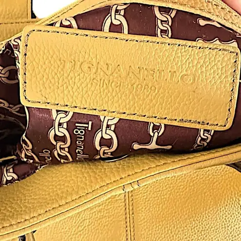 Tignanello Mustard Yellow Small Pebbled Leather Handbag Logo On Silver Buckles