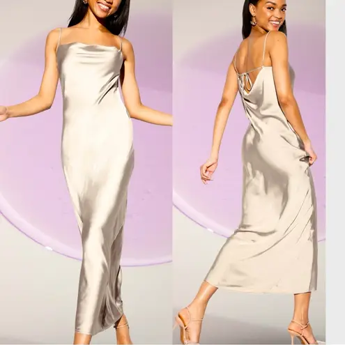 NWTS🌹THE OCCASION L🌹ELITE LINE SLEEK CHAMPAGNE SATIN DRAPED FRONT OPEN BACK MAXI Silver Size L