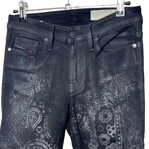 Diesel Skinzee Super Slim Regular Waist Black Coated Custom Paisley Print 25