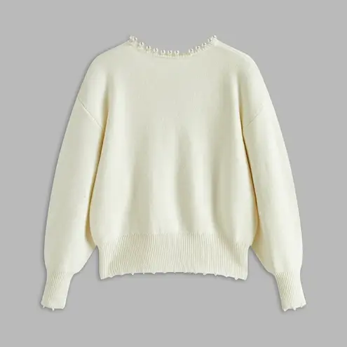 Commense Pearl Trim Ripped Hem Cardigan size large White