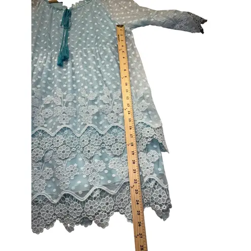 NWT COCOMORE Boutique Lace Trim Polka Dot Tassel Dress Romantic Flowy Sz 40 (10) Blue