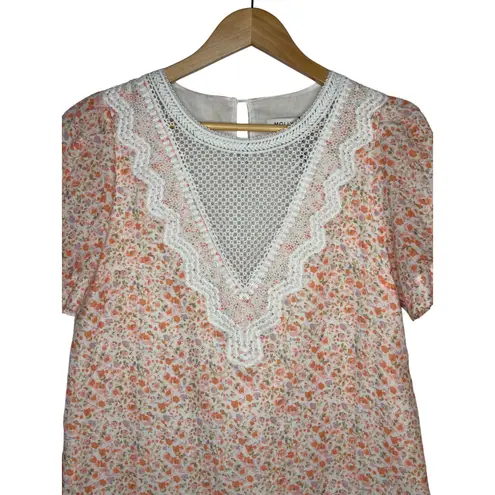 Molly Bracken Floral Dress Crochet Lace Yoke Puff Sleeve Orange Size Small New