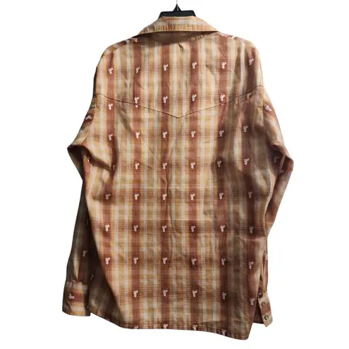 Western Plaid Shirt Long Sleeve Snap Button Cowboy Rodeo Style Size XL Brown