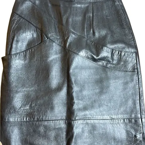 70s Vintage Leathercare Process Black Leather Midi Skirt Medium