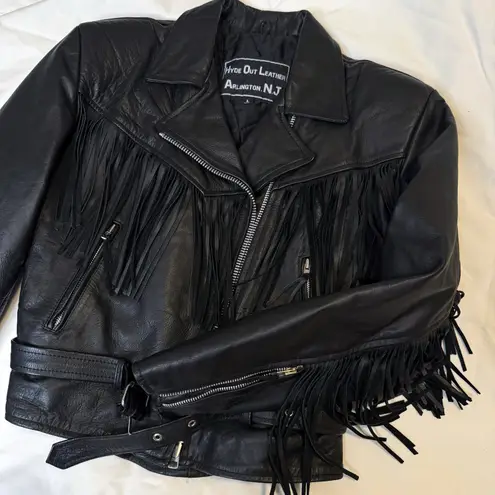 Vintage Hyde Out Leather Black Fringe Leather Jacket Size L