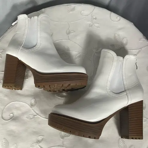 Top Moda Chunky Ankle Boots Thick High Heels Platform Shoes Boots White Sz 7