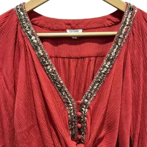 En Crème Burnt Red Front Tie Blouse Beaded Collar Size Medium