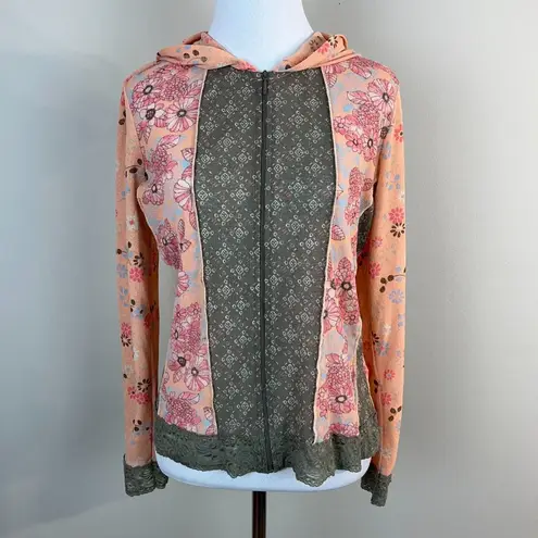 J. Jill Full Zip Jacket Top Small Sheer Vintage Floral Lace Mesh Hooded Womens S Pink