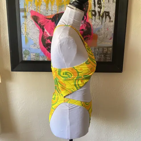 Forplay Women Criss Cross Open Front One Piece Swimsuit Large Pineapple Plunge Green