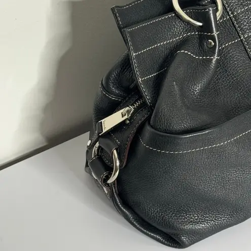 Vintage Tignanello Black Leather Zip Top Handbag Silver Hardware