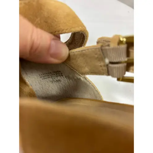 Bettye Muller Women's Tan Suede Gold Buckle Sandals Size 7.5