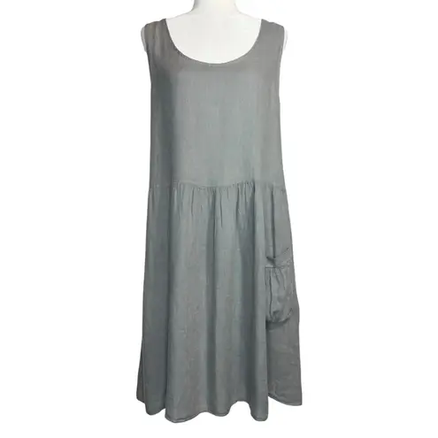 Talia Benson Dress Large 100% Slub Linen Lagenlook Minimalist Made In Italy Gray
