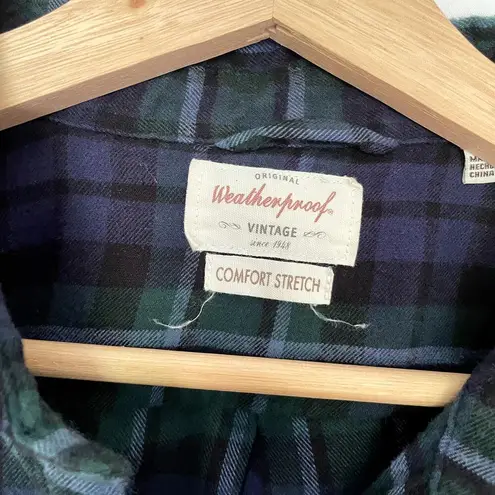 Weatherproof blue green checkered button down shirt women's L comfort stretch